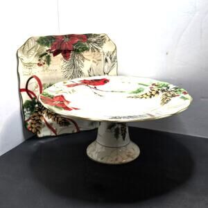 222 Fifth Holiday Wishes Cardinal Cake Stand Square Platter Christmas Set